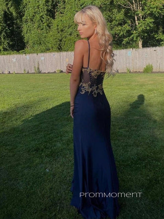 Spaghetti Straps Sweetheart High Slit Long Evening Prom Dresses, Memaid Navy Blue Prom Dress, PM0749