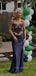 Spaghetti Straps Sweetheart High Slit Long Evening Prom Dresses, Memaid Navy Blue Prom Dress, PM0749