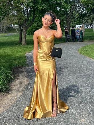Gold Sweetheart High Slit Mermaid Long Evening Prom Dresses,Strapless Sleeveless Prom Dress, PM0751