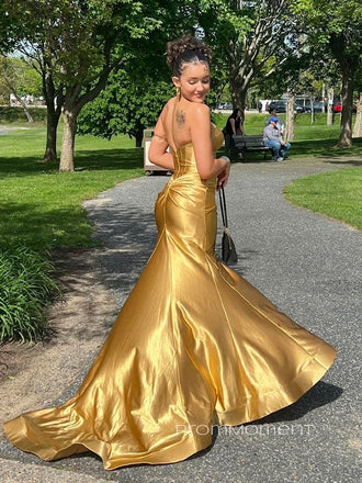 Gold Sweetheart High Slit Mermaid Long Evening Prom Dresses,Strapless Sleeveless Prom Dress, PM0751
