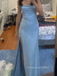 Simple Spaghetti Straps Side Slit Mermaid Long Evening Prom Dresses, Blue Backless Prom Dress, PM0753