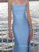 Simple Spaghetti Straps Side Slit Mermaid Long Evening Prom Dresses, Blue Backless Prom Dress, PM0753