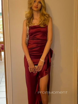 Burgundy Satin High Slit Spaghetti Straps Long Evening Prom Dresses, Mermaid Backless Prom Dress, PM0754