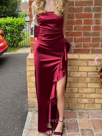 Burgundy Satin High Slit Spaghetti Straps Long Evening Prom Dresses, Mermaid Backless Prom Dress, PM0754
