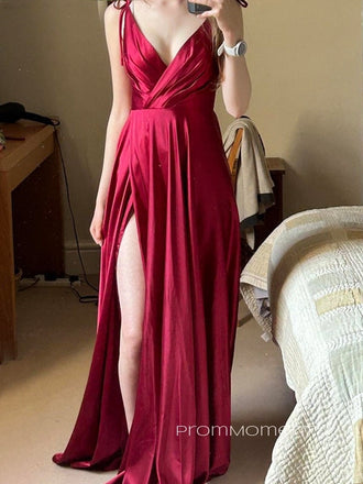 A-line Deep V-neck High Slit Buegundy Long Evening Prom Dresses, Straps Satin V-back Prom Dress, PM0755