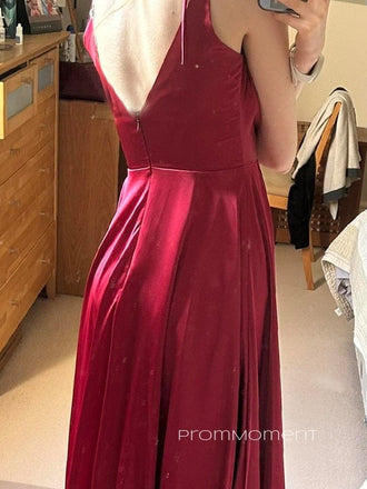 A-line Deep V-neck High Slit Buegundy Long Evening Prom Dresses, Straps Satin V-back Prom Dress, PM0755