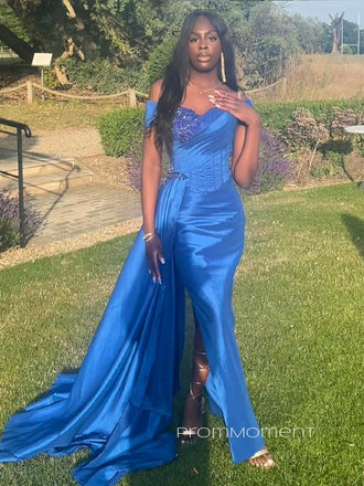 Off Shoulder Royal Blue Mermaid Long Evening Prom Dresses, Formal Side Slit Satin Prom Dress, PM0757