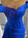 Off Shoulder Royal Blue Mermaid Long Evening Prom Dresses, Formal Side Slit Satin Prom Dress, PM0757