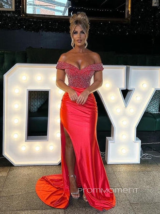 Off Shoulder Sparkly Mermaid High Slit Long Evening Prom Dresses, Floor-length Prom Dress, PM0758