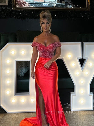 Off Shoulder Sparkly Mermaid High Slit Long Evening Prom Dresses, Floor-length Prom Dress, PM0758