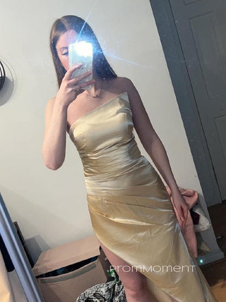 High Slit Champagen Strapless Mermaid Long Evening Prom Dresses, Floor-length Sleeveless Prom Dress, PM0759