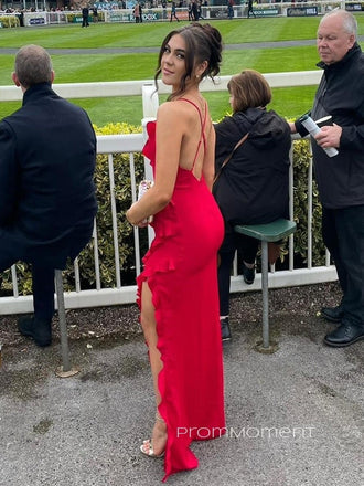 V-neck Spaghetti Straps Backless Red Long Evening Prom Dresses, Side Slit Prom Dress, PM0762