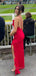 V-neck Spaghetti Straps Backless Red Long Evening Prom Dresses, Side Slit Prom Dress, PM0762