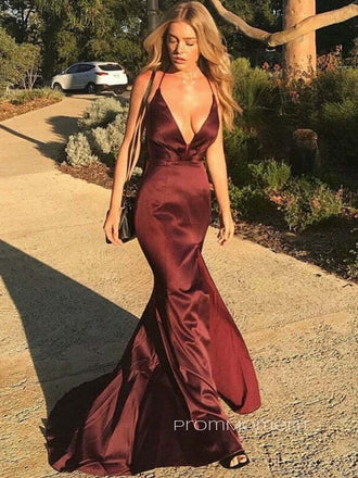 Sexy Deep V-neck Mermaid Side Slit Long Evening Prom Dresses, Floor-length Backless Sleeveless Prom Dress, PM0763