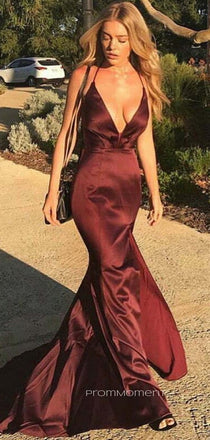 Sexy Deep V-neck Mermaid Side Slit Long Evening Prom Dresses, Floor-length Backless Sleeveless Prom Dress, PM0763