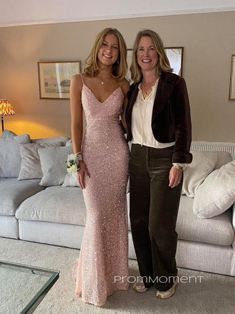 Sequins Deep V-neck Pink Mermaid Long Evening Prom Dresses, Sparkly Sexy Backless Prom Dress, PM0766