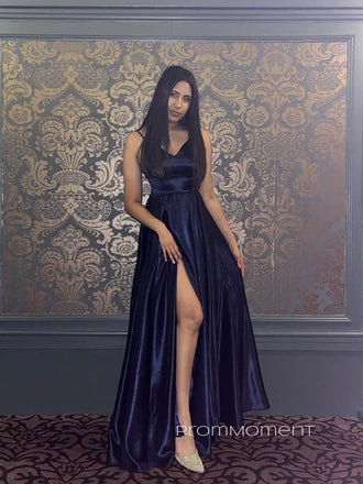 High Slit V-neck A-line Long Evening Prom Dresses, Spaghetti Straps Backless Satin Prom Dress, PM0767