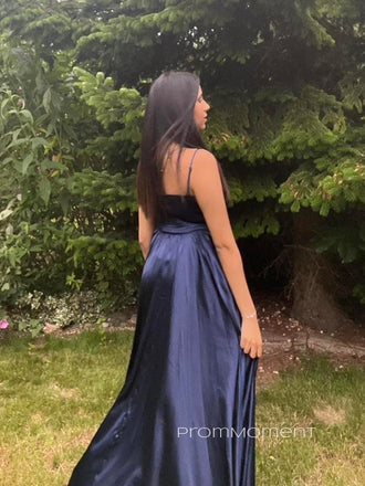High Slit V-neck A-line Long Evening Prom Dresses, Spaghetti Straps Backless Satin Prom Dress, PM0767