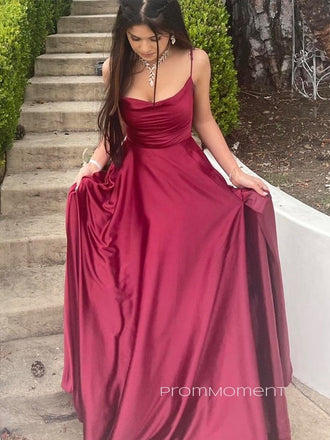Spaghetti Straps A-line Burgundy Long Evening Prom Dresses, Backless Satin Sleeveless Prom Dress, PM0769