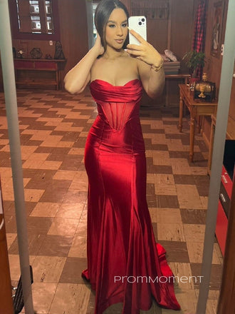 Sweetheart Strapless Sleeveless Red Long Evening Prom Dresses, Floor-length Backless Prom Dress, PM0770