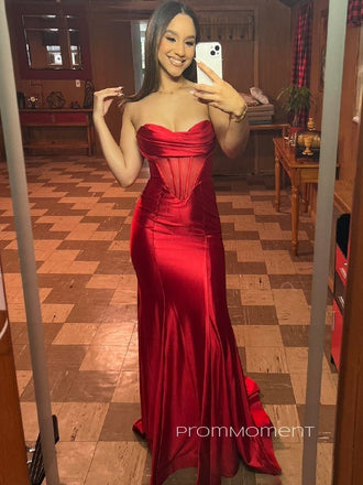 Sweetheart Strapless Sleeveless Red Long Evening Prom Dresses, Floor-length Backless Prom Dress, PM0770