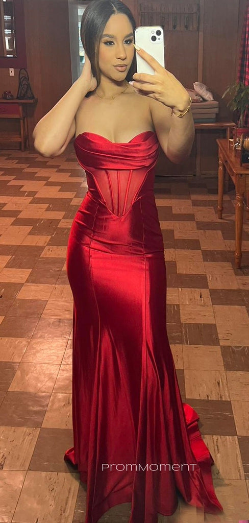Sweetheart Strapless Sleeveless Red Long Evening Prom Dresses, Floor-length Backless Prom Dress, PM0770