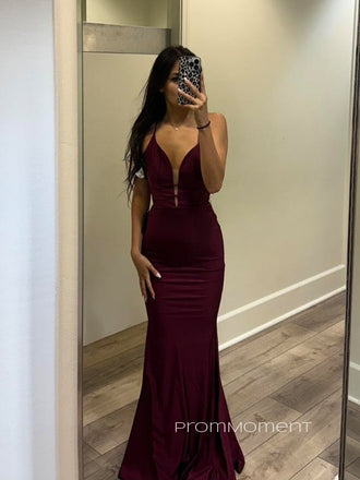 V-neck Spaghetti Straps Mermaid Long Evening Prom Dresses, Sheath Sleeveless Prom Dress, PM0771