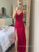 Simple Spaghetti Straps V-neck Long Evening Prom Dresses, Side Slit Mermaid Red Prom Dress, PM0772