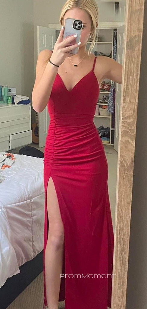 Simple Spaghetti Straps V-neck Long Evening Prom Dresses, Side Slit Mermaid Red Prom Dress, PM0772