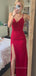 Simple Spaghetti Straps V-neck Long Evening Prom Dresses, Side Slit Mermaid Red Prom Dress, PM0772