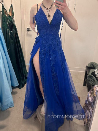 Deep V-neck High Slit Royal Blue A-line Long Evening Prom Dresses, Spaghetti Straps Appliques Prom Dress, PM0773