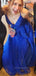Deep V-neck High Slit Royal Blue A-line Long Evening Prom Dresses, Spaghetti Straps Appliques Prom Dress, PM0773