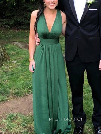 Deep V-neck Straps Backless Long Evening Prom Dresses, Green Sleeveless A-line Prom Dress, PM0774