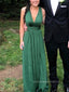 Deep V-neck Straps Backless Long Evening Prom Dresses, Green Sleeveless A-line Prom Dress, PM0774