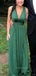Deep V-neck Straps Backless Long Evening Prom Dresses, Green Sleeveless A-line Prom Dress, PM0774