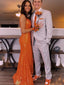 Sequins Mermaid One Shoulder Orange Long Evening Prom Dresses, Sheath Sparkly Sleeveless Prom Dress, PM0776