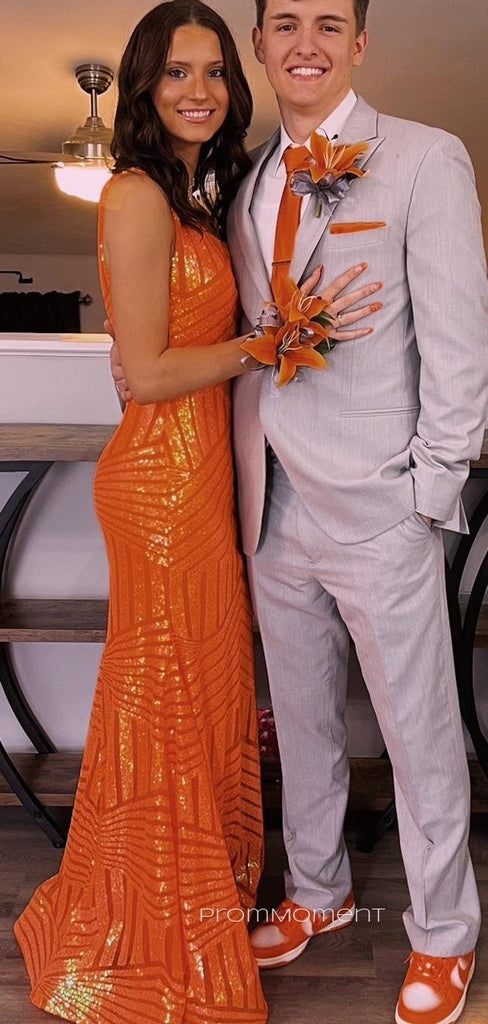 Sequins Mermaid One Shoulder Orange Long Evening Prom Dresses, Sheath Sparkly Sleeveless Prom Dress, PM0776