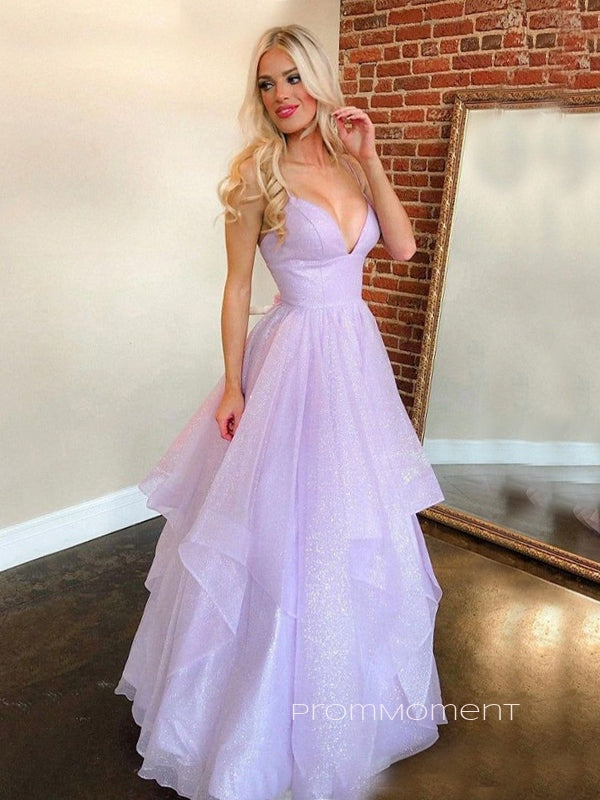 Spaghetti Straps Deep V-neck A-line Long Evening Prom Dresses, Beautiful Purple Backless Prom Dress, PM0777