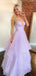 Spaghetti Straps Deep V-neck A-line Long Evening Prom Dresses, Beautiful Purple Backless Prom Dress, PM0777