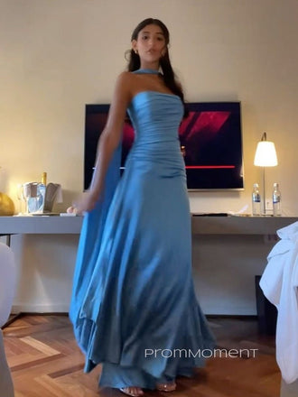 Strapless Halter A-line Long Evening Prom Dresses, Sleeveless Backless Blue Satin Prom Dress, PM0778