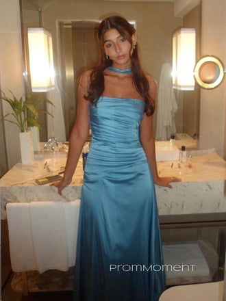 Strapless Halter A-line Long Evening Prom Dresses, Sleeveless Backless Blue Satin Prom Dress, PM0778