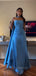 Strapless Halter A-line Long Evening Prom Dresses, Sleeveless Backless Blue Satin Prom Dress, PM0778