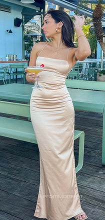 Spaghetti Straps Side Slit Mermaid Sleeveless Long Evening Prom Dresses, Champagen Backless Prom Dress, PM0779