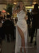 One Shoulder High Slit Mermaid Long Evening Prom Dresses, Sleeveless Backless White Prom Dress, PM0781