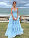 Deep V-neck Spaghetti Straps A-line Long Evening Prom Dresses, Lovely Blue Tulle Backless Prom Dress, PM0782