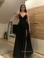 Deep V-neck Spaghetti Straps High Slit Long Evening Prom Dresses, Black Sleeveless Prom Dress, PM0783
