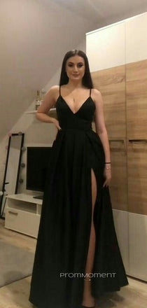 Deep V-neck Spaghetti Straps High Slit Long Evening Prom Dresses, Black Sleeveless Prom Dress, PM0783