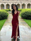 Sparkly V-neck High Slit Mermaid Long Evening Prom Dresses, Sleeveless Drak Red Backless Prom Dress, PM0788