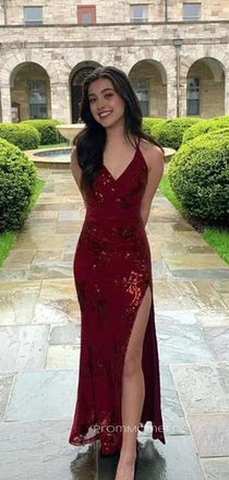 Sparkly V-neck High Slit Mermaid Long Evening Prom Dresses, Sleeveless Drak Red Backless Prom Dress, PM0788