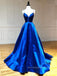 Spaghetti Straps Deep V-neck A-line Long Evening Prom Dresses, Royal Blue Satin Backless Prom Dress, PM0790